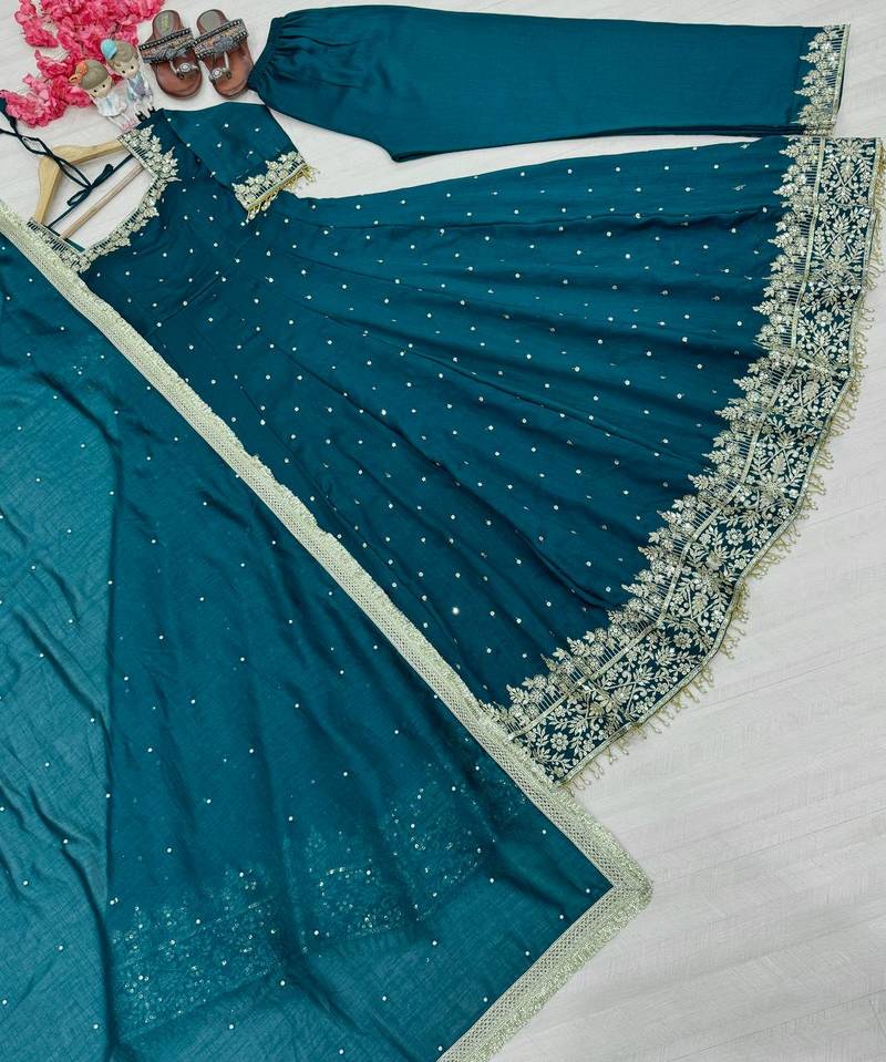 Teal colour vichitra silk embroidery work fully stitched gown
