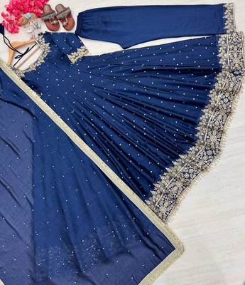 Royal blue colour vichitra silk embroidery work fully  gown 4