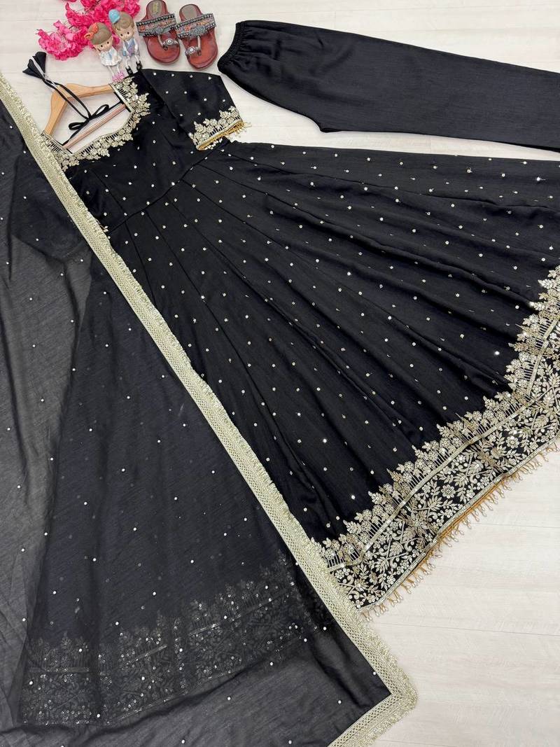 Black colour vichitra silk embroidery work fully stitched gown