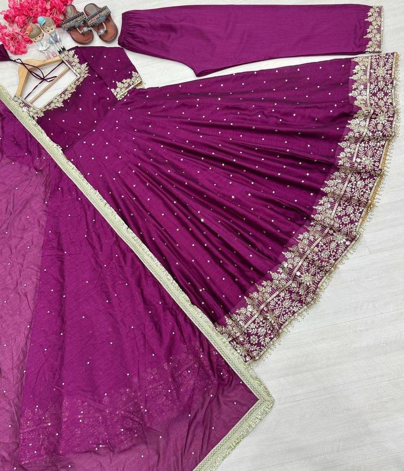Wine colour vichitra silk embroidery work fully stitched gown