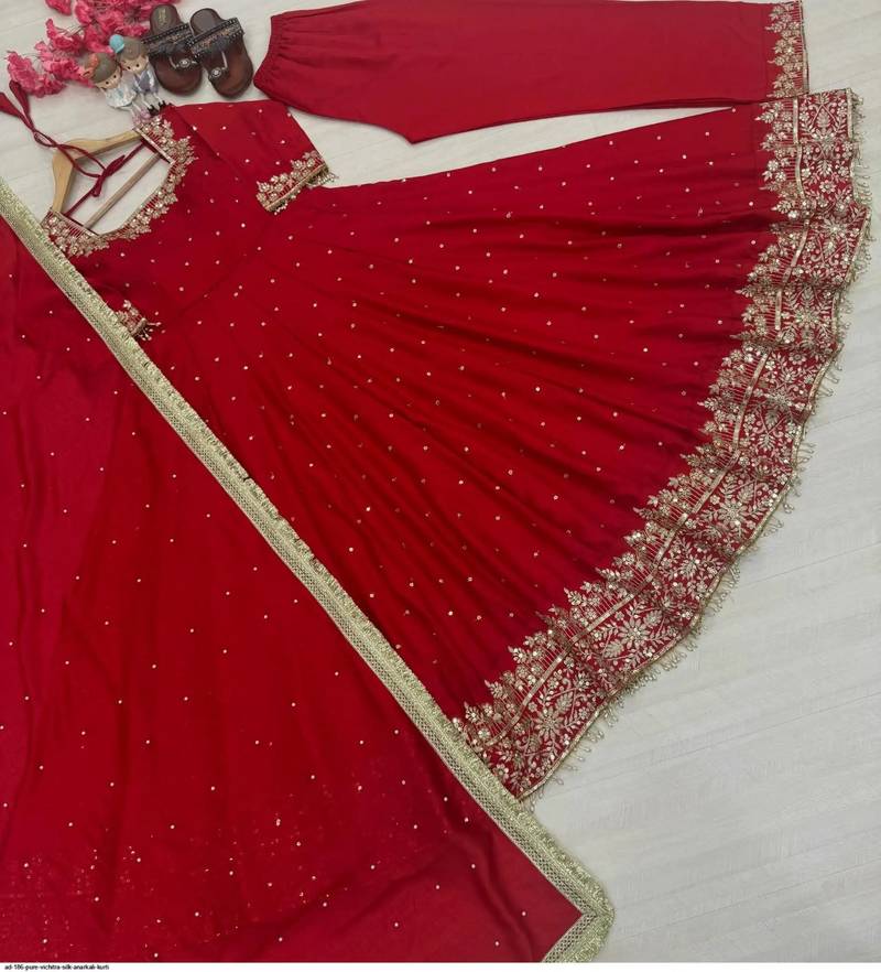 Red colour vichitra silk embroidery work fully stitched gown
