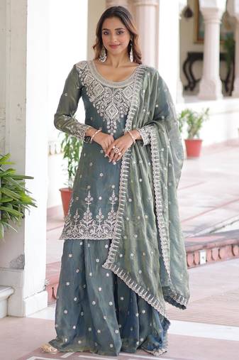 Grey fendi silk coding sequins embroidered kurta with sharara and heavy dupatta