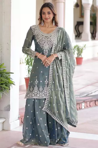 Grey fendi silk coding sequins embroidered kurta with sharara and heavy dupatta