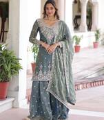 Grey fendi silk coding sequins embroidered kurta with sharara and heavy dupatta