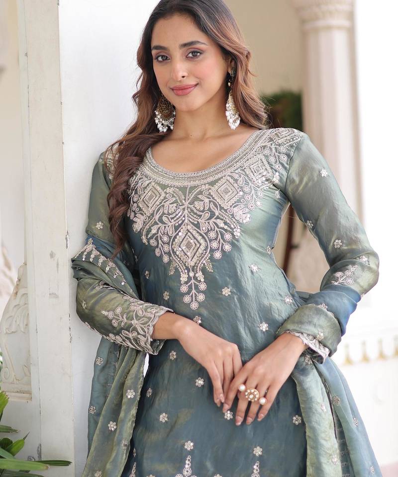 Grey fendi silk coding sequins embroidered kurta with sharara and heavy dupatta