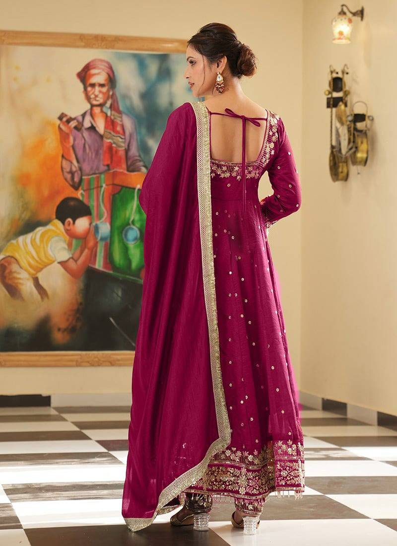 Rani colour vichitra silk embroidery work fully stitched gown