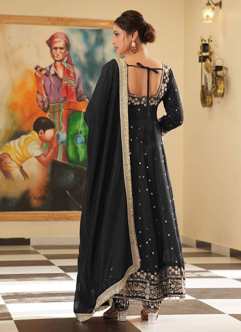 Black colour vichitra silk embroidery work fully stitched gown