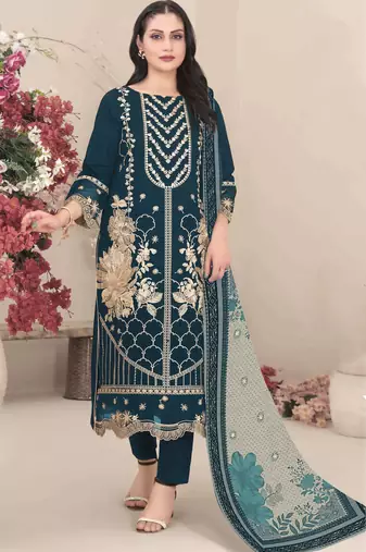 Dark teal color embroideried faux georgette semi stitched salwar suit