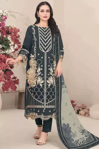Dark grey color embroideried faux georgette semi stitched salwar suit