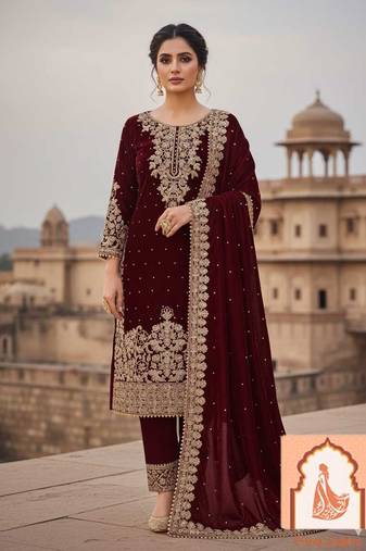 Maroon Velvet Suit Set with Heavy Zari Sequence & Pearl Work