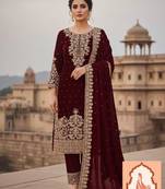 Maroon Velvet Heavy Zari Sequence & Pearl Work Suit Set 