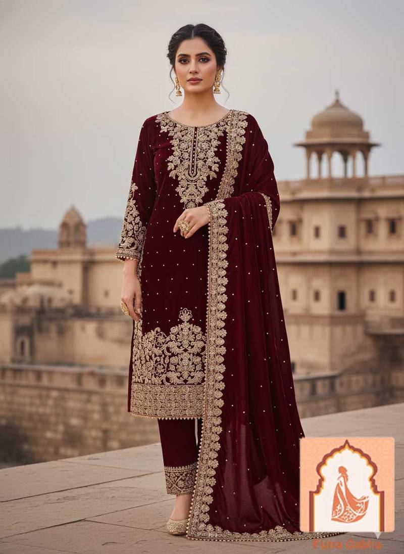 Maroon Velvet Suit Set with Heavy Zari Sequence & Pearl Work