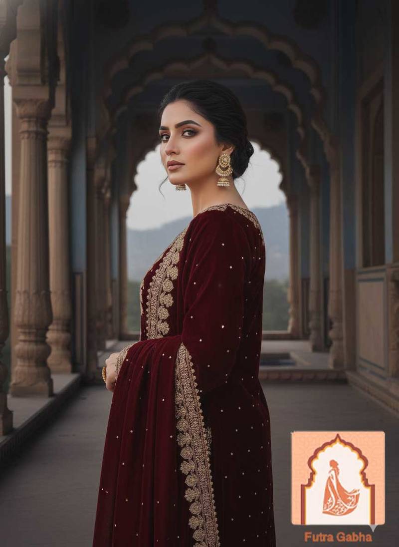 Maroon Velvet Suit Set with Heavy Zari Sequence & Pearl Work