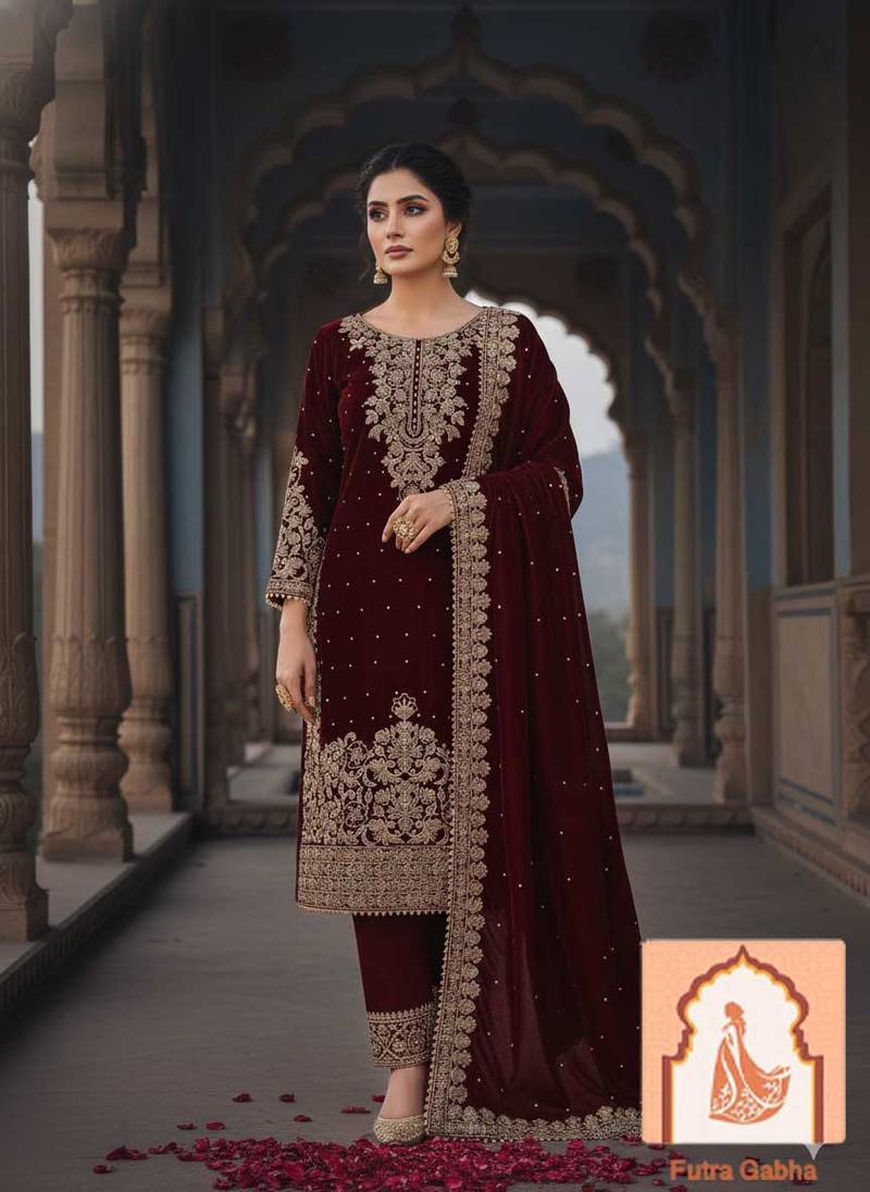 Maroon Velvet Suit Set with Heavy Zari Sequence & Pearl Work