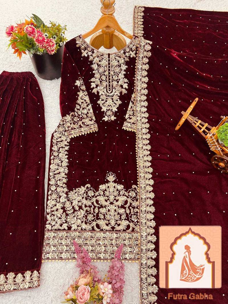 Maroon Velvet Suit Set with Heavy Zari Sequence & Pearl Work