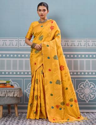yellow printed silk blend wedding wear saree with blause  1