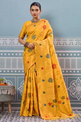 yellow printed silk blend wedding wear saree with blause 