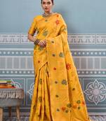 yellow printed silk blend wedding wear saree with blause 