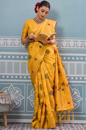 yellow printed silk blend wedding wear saree with blause 