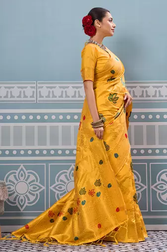 yellow printed silk blend wedding wear saree with blause 