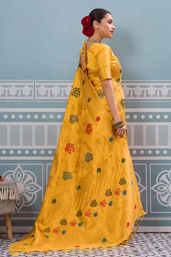 yellow printed silk blend wedding wear saree with blause 