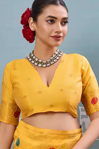 yellow printed silk blend wedding wear saree with blause 