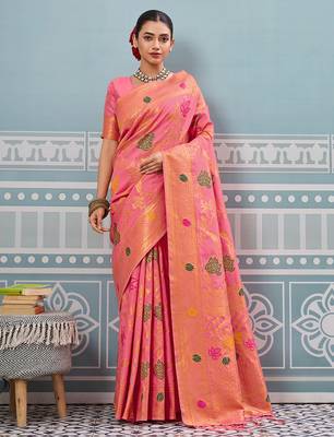 pink printed pochampalli soft silk blend casual saree with blouse 1