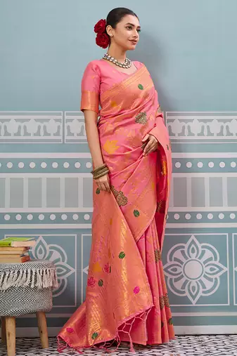 pink printed pochampalli soft silk blend casual saree with blouse