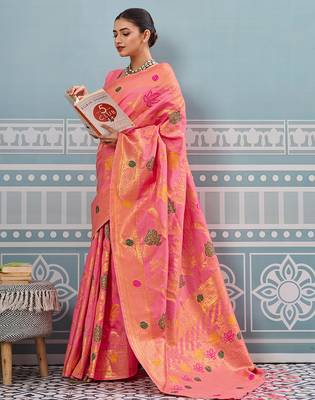 pink printed pochampalli soft silk blend casual saree with blouse 3