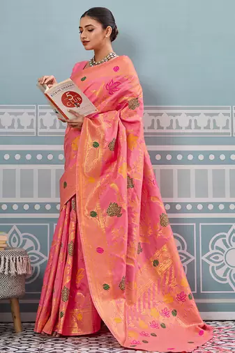 pink printed pochampalli soft silk blend casual saree with blouse