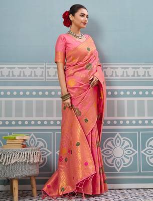 pink printed pochampalli soft silk blend casual saree with blouse 4