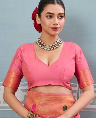 pink printed pochampalli soft silk blend casual saree with blouse 5