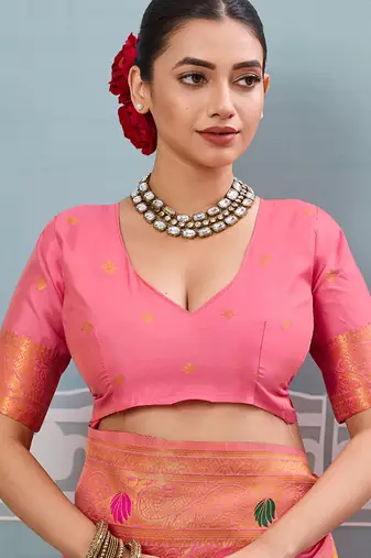 pink printed pochampalli soft silk blend casual saree with blouse