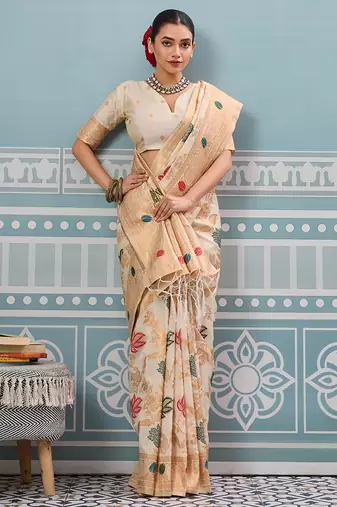 white printed silk blend wedding wear saree with blause 