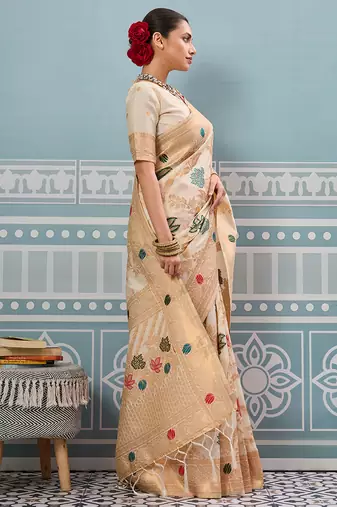 white printed silk blend wedding wear saree with blause 