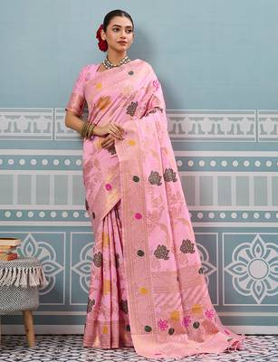 ligth pink printed silk blend wedding wear saree with blause  1