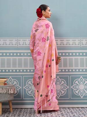 ligth pink printed silk blend wedding wear saree with blause  3