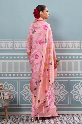 ligth pink printed silk blend wedding wear saree with blause 