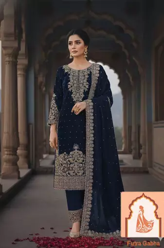 Navy blue Velvet Suit Set with Heavy Zari Sequence & Pearl Work 