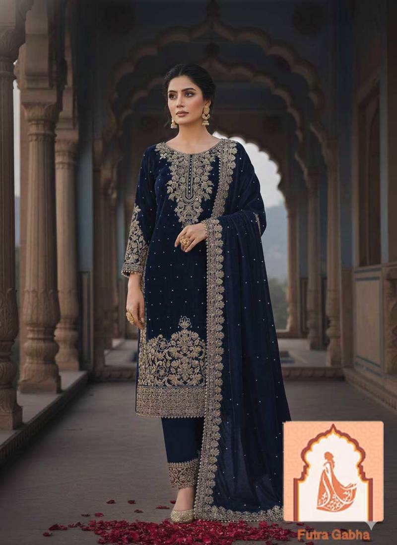 Navy blue Velvet Suit Set with Heavy Zari Sequence & Pearl Work 