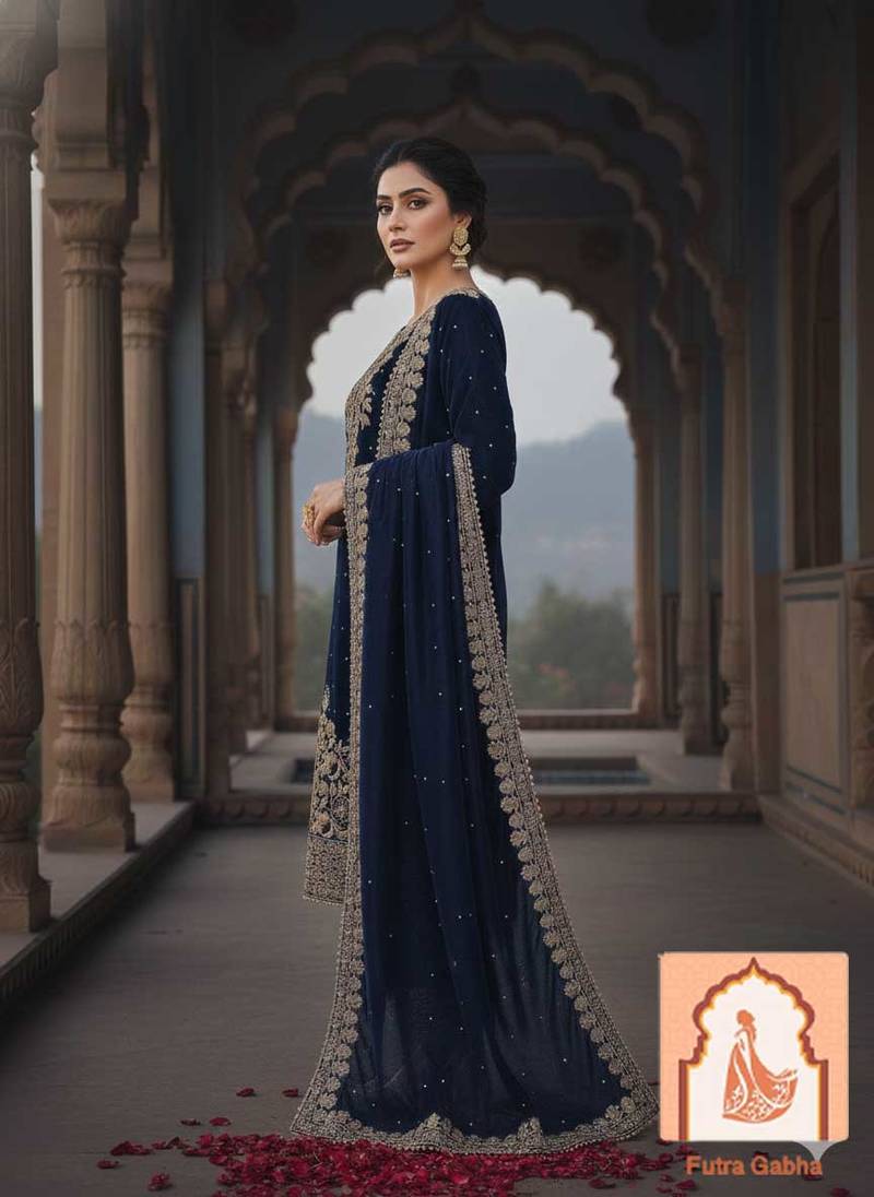 Navy blue Velvet Suit Set with Heavy Zari Sequence & Pearl Work 