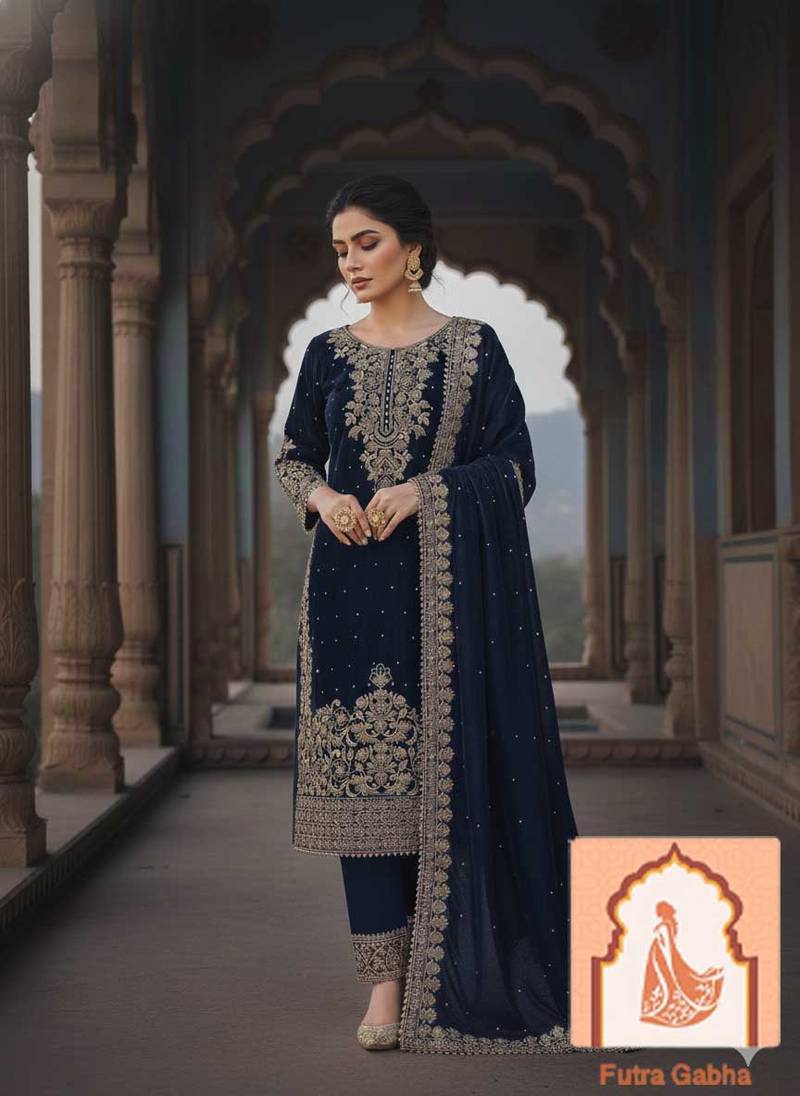 Navy blue Velvet Suit Set with Heavy Zari Sequence & Pearl Work 