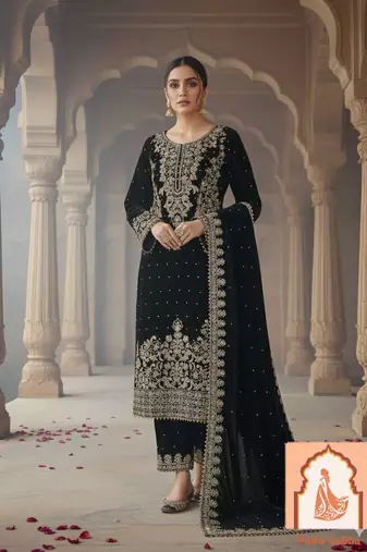 Black Velvet Suit Set with Heavy Zari Sequence & Pearl Work
