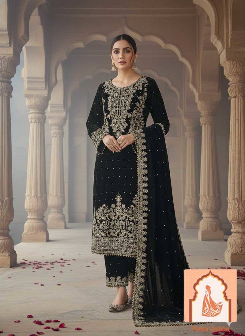 Black Velvet Suit Set with Heavy Zari Sequence & Pearl Work