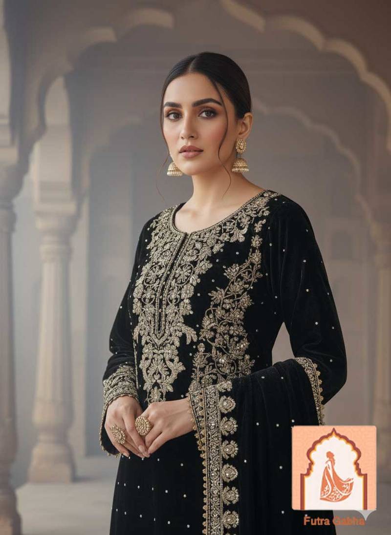 Black Velvet Suit Set with Heavy Zari Sequence & Pearl Work
