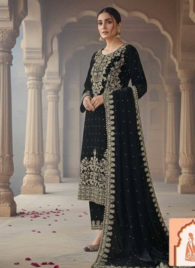 Black Velvet Suit Set with Heavy Zari Sequence & Pearl Work