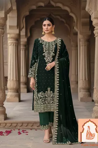 Green Velvet Suit Set with Heavy Zari Sequence & Pearl Work