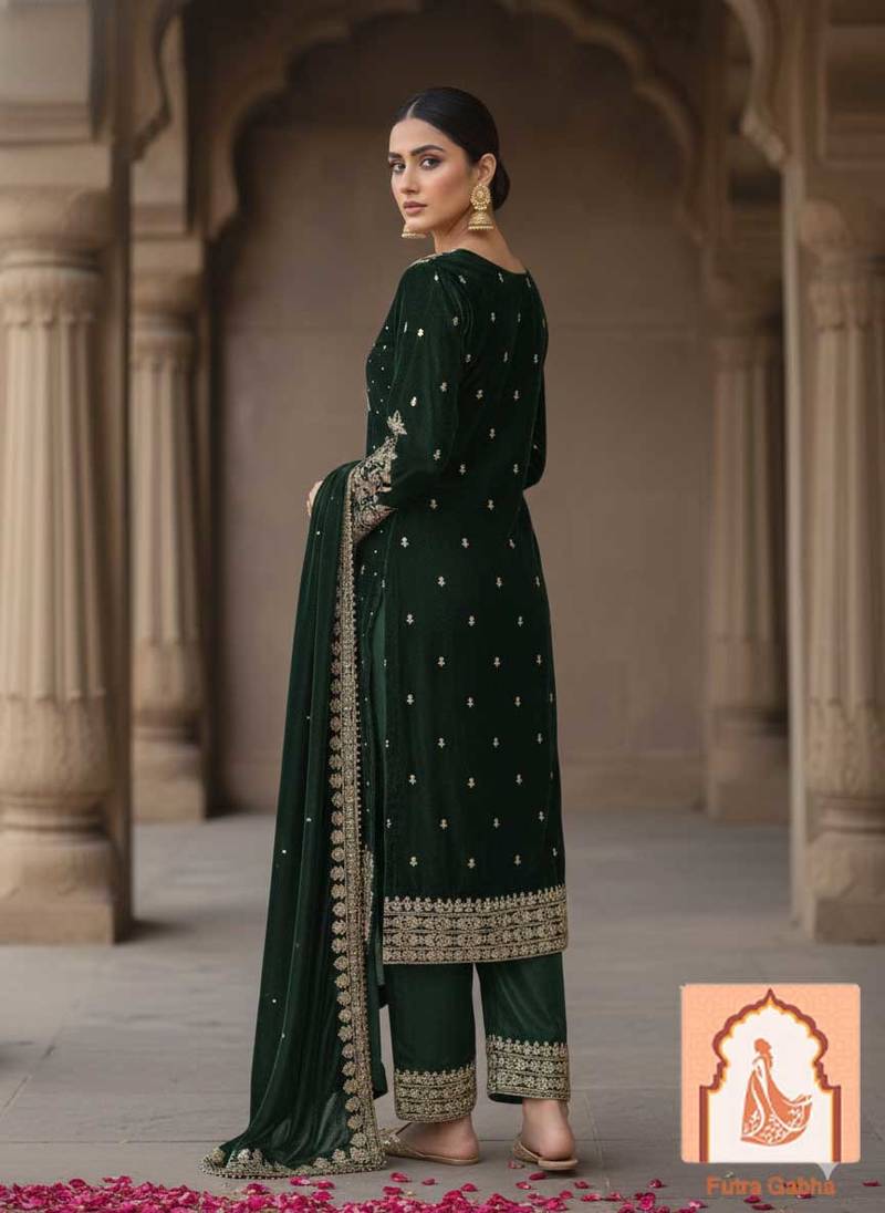 Green Velvet Suit Set with Heavy Zari Sequence & Pearl Work