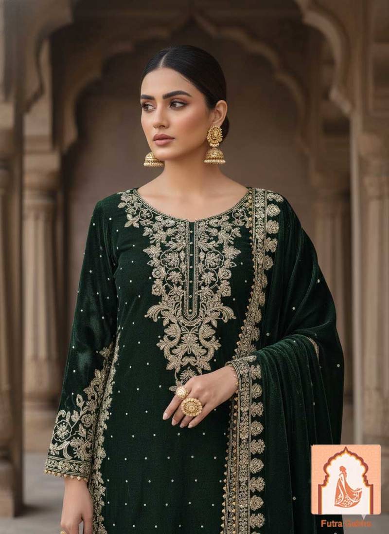 Green Velvet Suit Set with Heavy Zari Sequence & Pearl Work