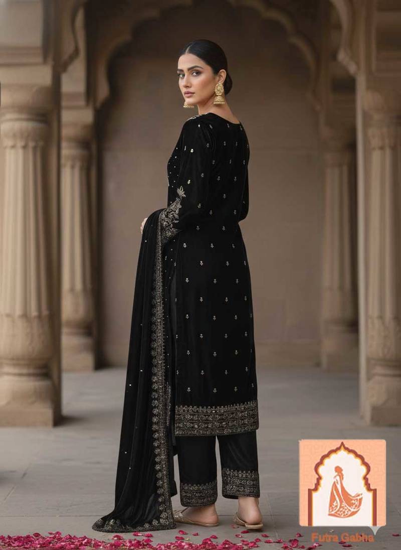 Black Velvet Suit Set with Heavy Zari Sequence & Pearl Work